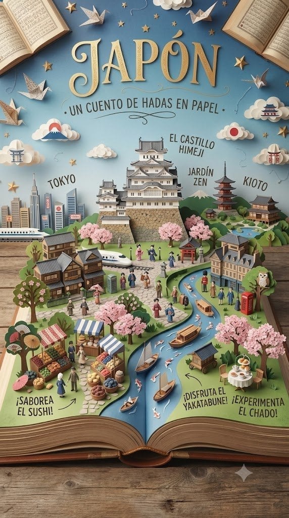 Create a [Theme Country Concept]-themed 3D pop-up papercraft storybook diorama displayed on a rustic