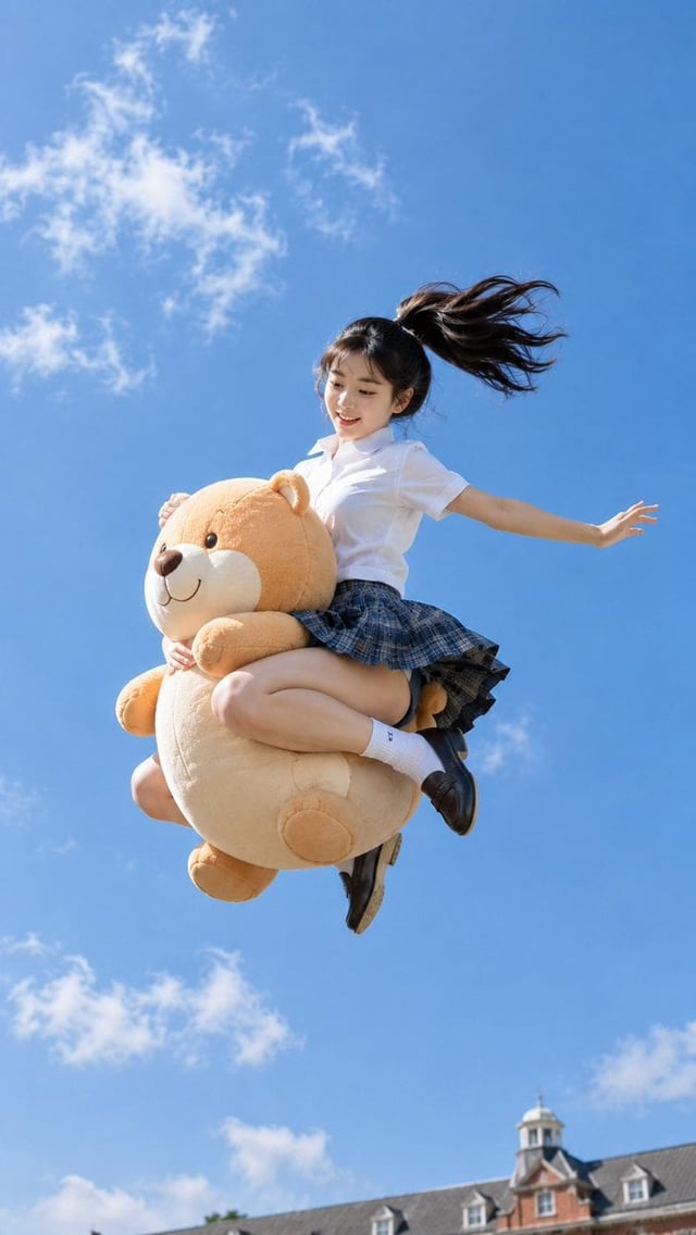 Create a 9:16 realistic outdoor photo of a 20-year-old East Asian female college student jumping hig