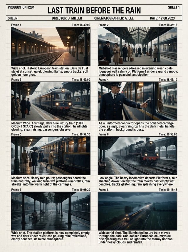 Create a premium Hollywood production storyboard sheet with 8 cinematic frames.