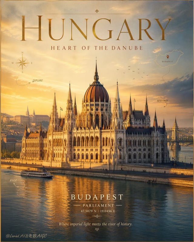 Create an ultra-premium illustrated-realism travel poster for Hungary, merging extreme material refi