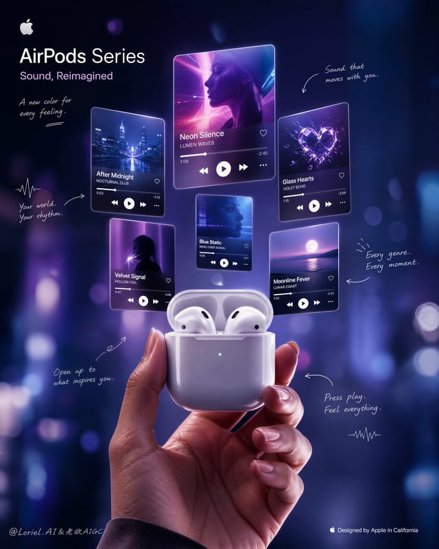 one natural hand holding the open charging case as the emotional anchor.