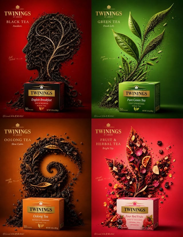 Create an ultra-premium 4-panel commercial poster for Twinings, featuring four real tea products: bl