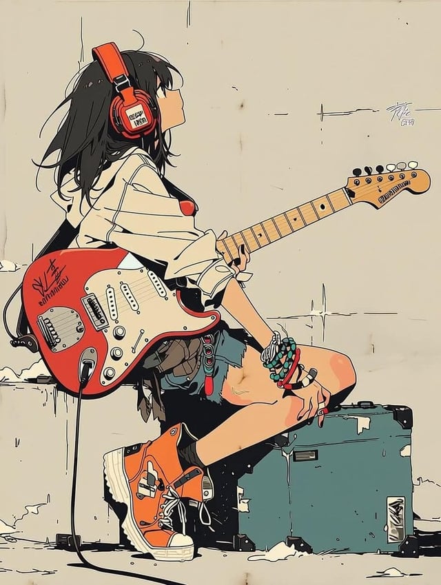Minimalist anime illustration of a stylish teenage girl sitting on a vintage guitar amplifier, playi