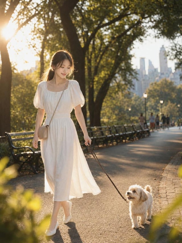 Create a poetic cinematic golden-hour urban travel portrait of the same elegant Korean woman and the