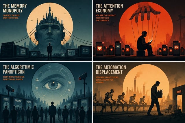 2x2 grid, do this for 4 dystopian AI-inferred topics, 16:9 style = { <graphic_halo_poster_concept> s