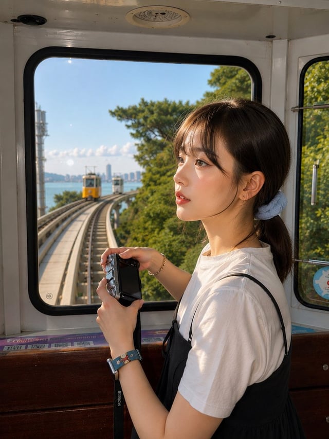 Ultra-realistic candid travel portrait of a cute young East Asian woman standing inside the front ca