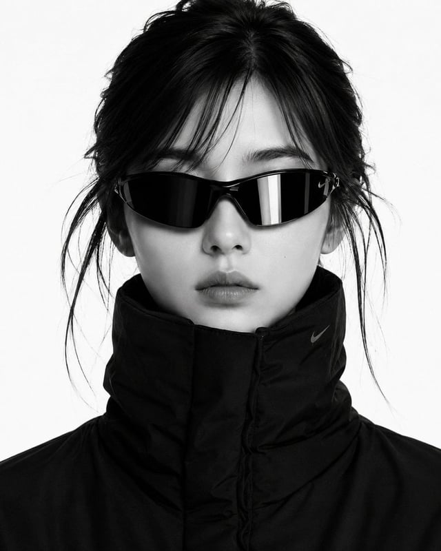 Create a close-up black-and-white high-fashion editorial portrait using the uploaded photo as the fa