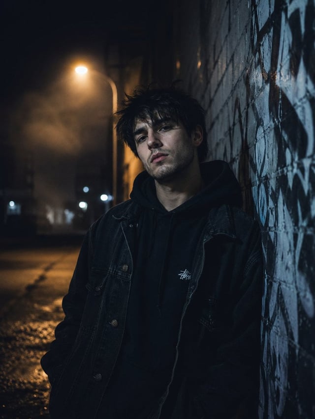 Ultra-realistic cinematic portrait of a young man standing under a dim streetlight at night, leaning