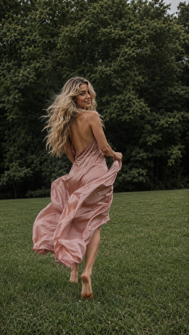 Full-length candid editorial photo of a young woman with long, voluminous, wavy blonde hair running 