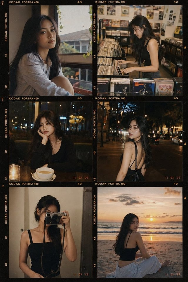 A photorealistic vintage analog 35mm film collage featuring the same beautiful young Indonesian woma