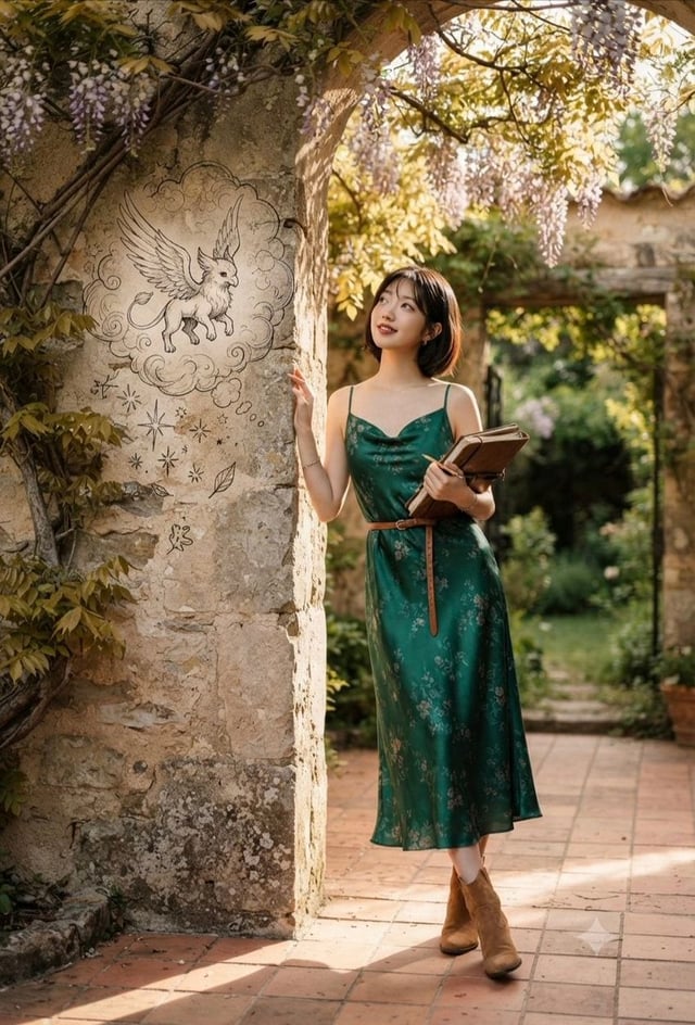 A full-length cinematic portrait of a young East Asian woman with short dark hair, wearing a silky e