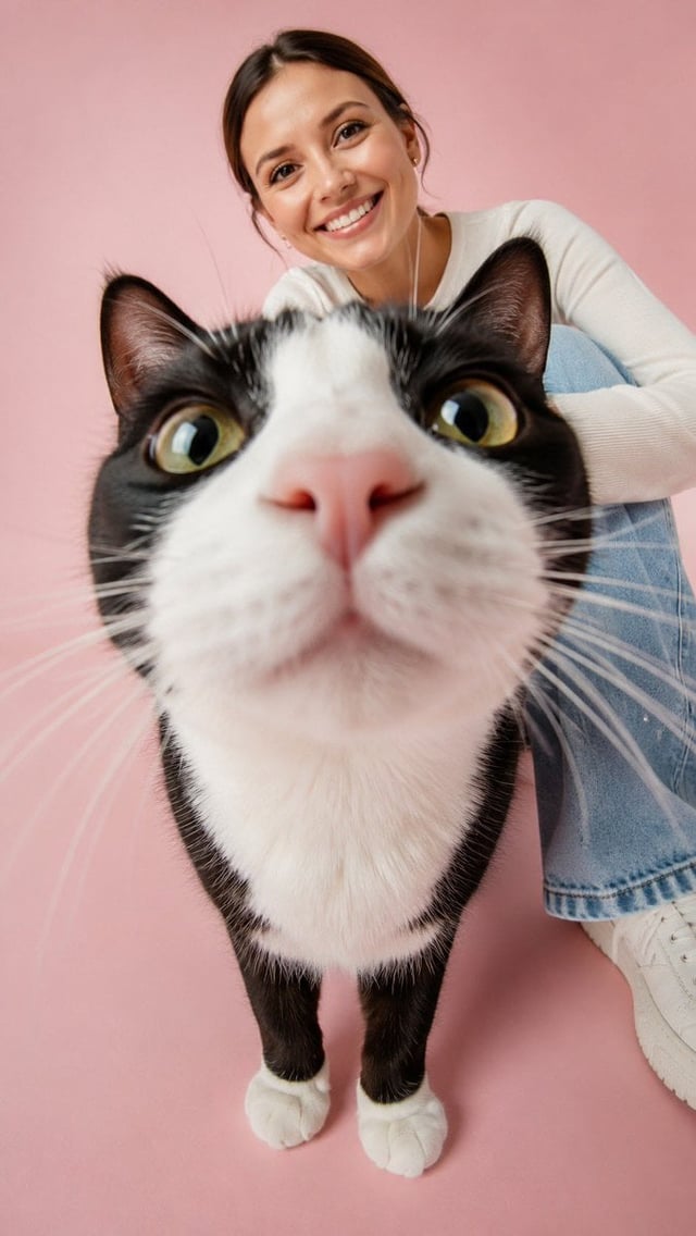 Create an image of me in the same frame as a cat. In a realistic photographic style, use a low-angle