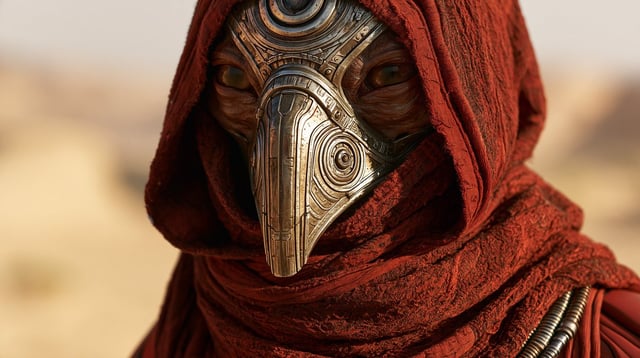 Alien with massive eyes wearing full-size intricate silver metallic bird beak mask and alien texture
