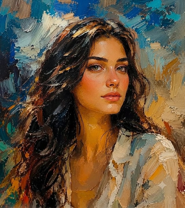 A captivating oil painting portrait of a woman with long, dark, wavy hair and expressive green-hazel