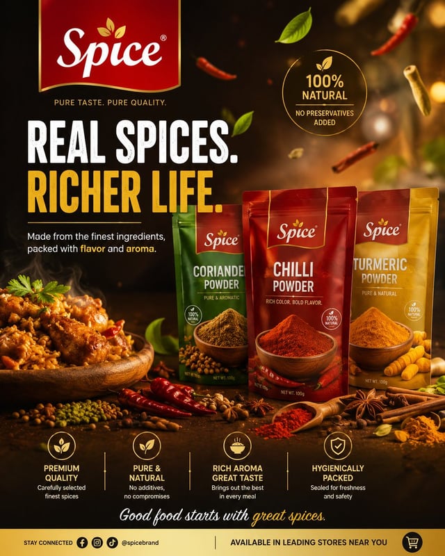 Create a premium, luxury advertising poster for a spice brand in a 4:5 portrait format with a rich, 
