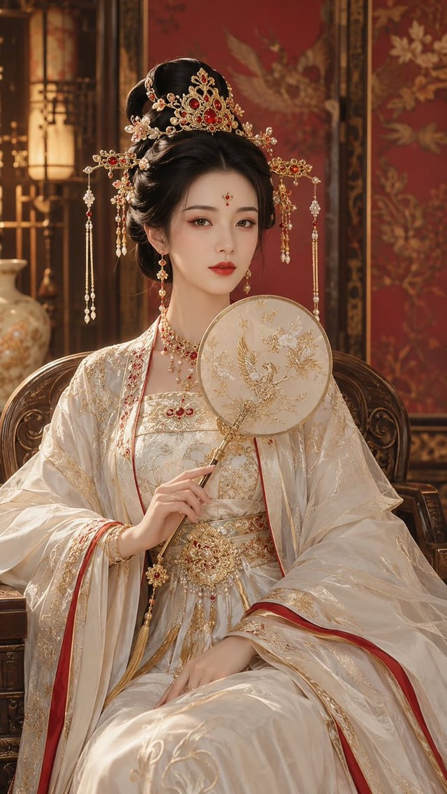 9:16 竖版，高精度古风仙侠贵女精修写真，唐风幻想审美，华丽精修角色海报感，整体画面贵气、端庄、明艳、克制、压场，具有内室贵女的高位女主气质与强完成度。画面主体是一位年轻成年东方女性，视觉年龄约 2