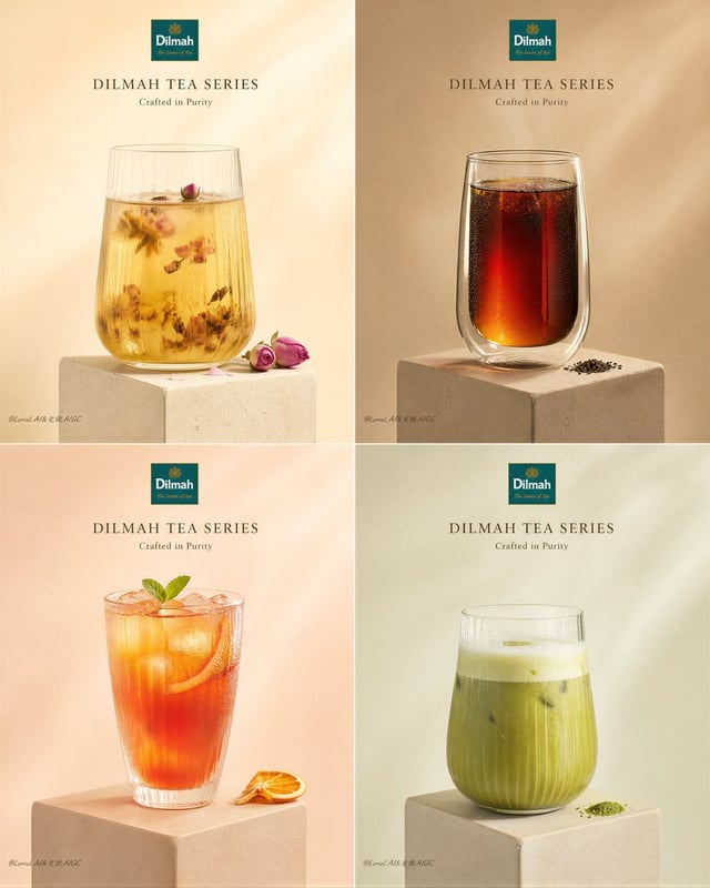 Create an ultra-premium 4-panel product poster for the Dilmah Tea series, merging extreme beverage r