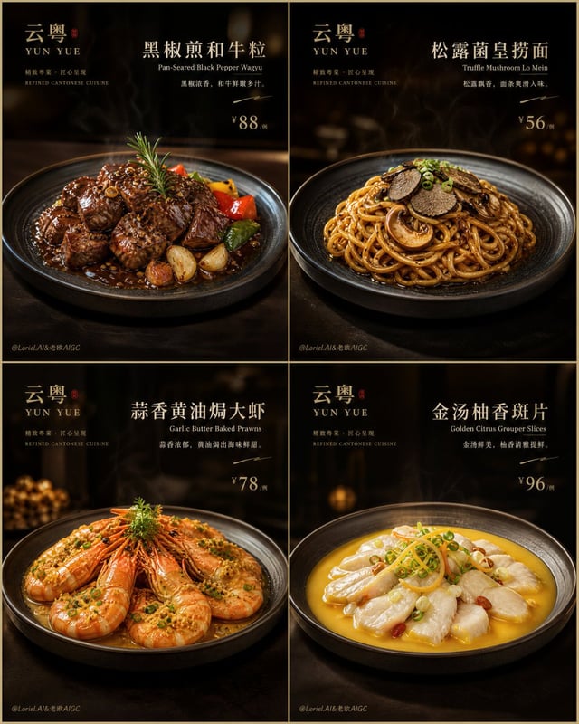 Create an ultra-premium 4-panel promotional poster for a fictional refined Western dining brand, des