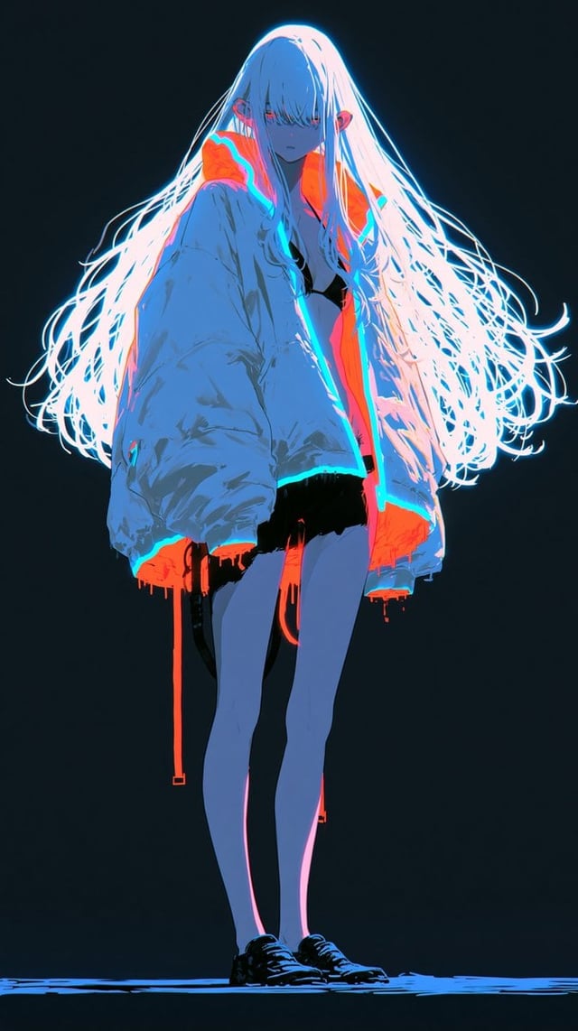 full body view of a mysterious anime woman, long flowing white hair, futuristic shirt with glowing c