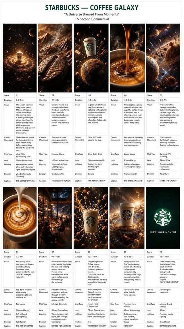 Create a    15-secondultra-photorealistic Hollywood commercial titled "STARBUCKS — COFFEE GALAXY" wi