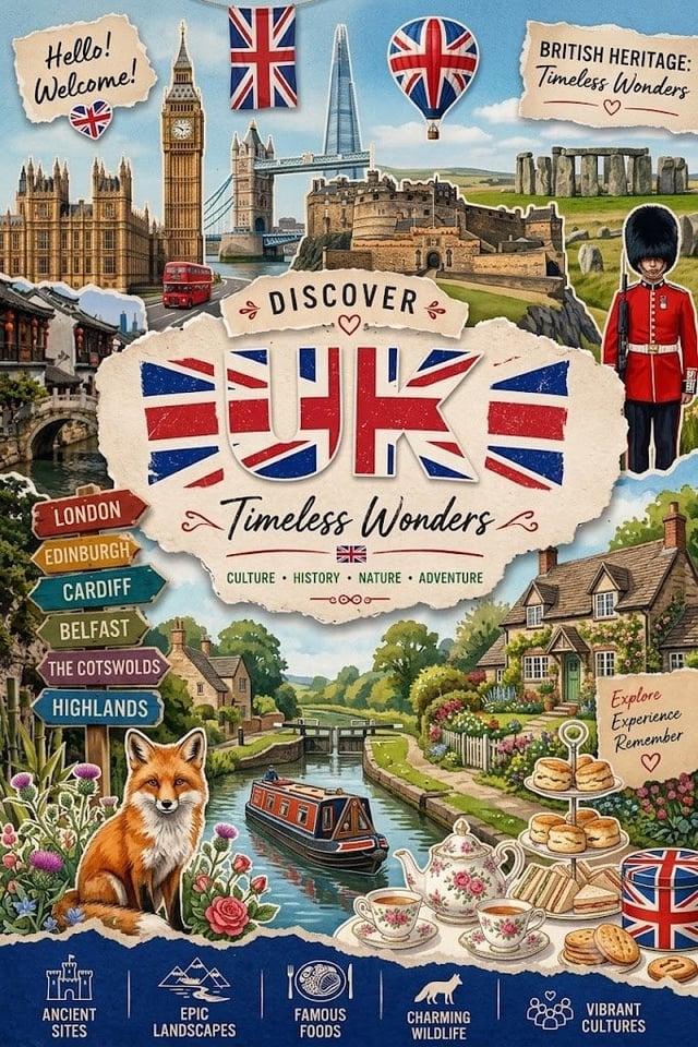 Create a highly detailed vintage-style travel poster in a torn-paper scrapbook collage aesthetic wit