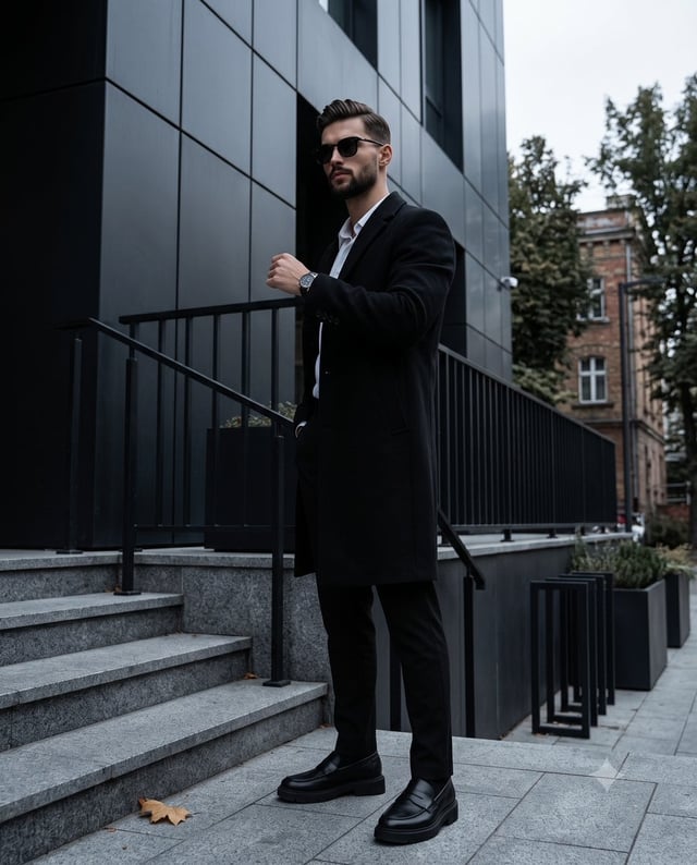 A full-length portrait captures a male model with dark hair and a well-groomed beard, striking a con
