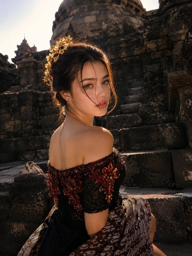 Ultra-realistic cinematic luxury travel portrait of an extraordinarily beautiful young East Asian wo