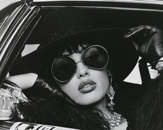 elegant woman sitting inside a classic luxury car, oversized wide-brimmed hat, round dark sunglasses