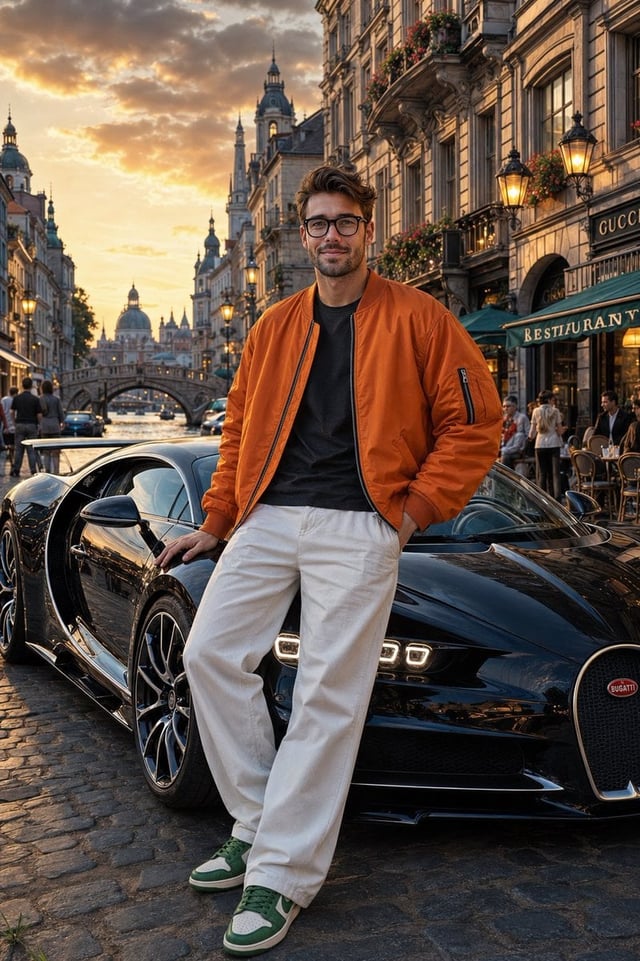 Ultra-realistic cinematic full-body portrait of the same man from the reference image (preserve exac
