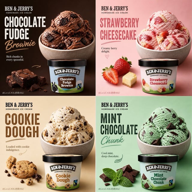Create an ultra-premium 4-panel promotional poster for Ben & Jerry's Homemade Ice Cream, merging ext