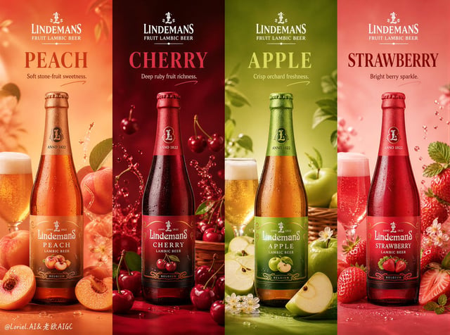Create an ultra-premium horizontal 4-panel promotional poster for Lindemans Fruit Lambic Beer, mergi