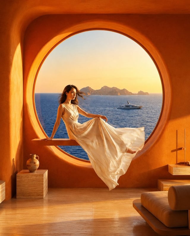 Ultra-realistic futuristic luxury villa suspended above the ocean, enormous floating circular moon w