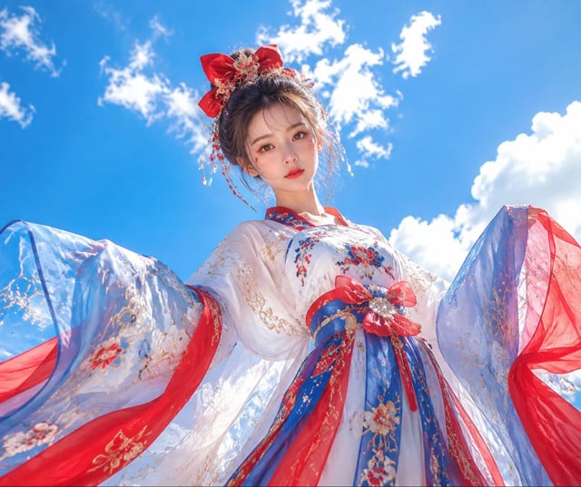 新中式汉服少女写真，童话公主风格，东方幻想角色设计。