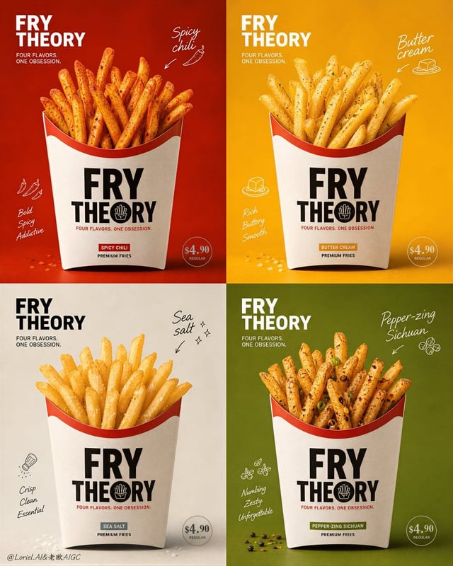 Create an ultra-premium 2x2 four-panel promotional poster for a fictional fries brand called FRY THE