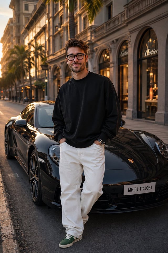 Ultra-realistic cinematic full-body fashion portrait of a confident young man standing on one of the