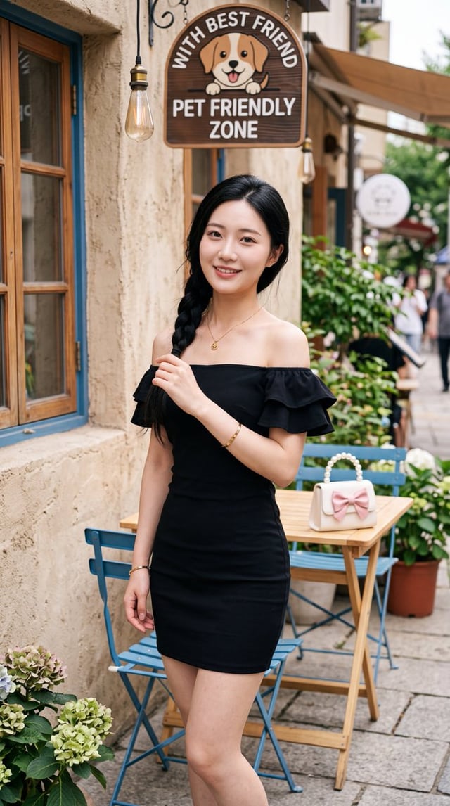 A beautiful young East Asian woman with fair skin and soft makeup, long black hair styled in a side 