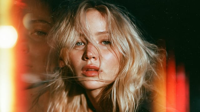 Stereoscopic photo of Jennifer Lawrence, Kodak Ektar 100 colour negative 35mm film, film damage, fil