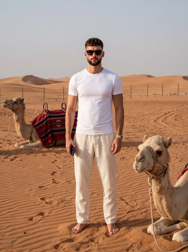 A confident young man stands centered in a full-body pose, facing the camera with level shoulders an