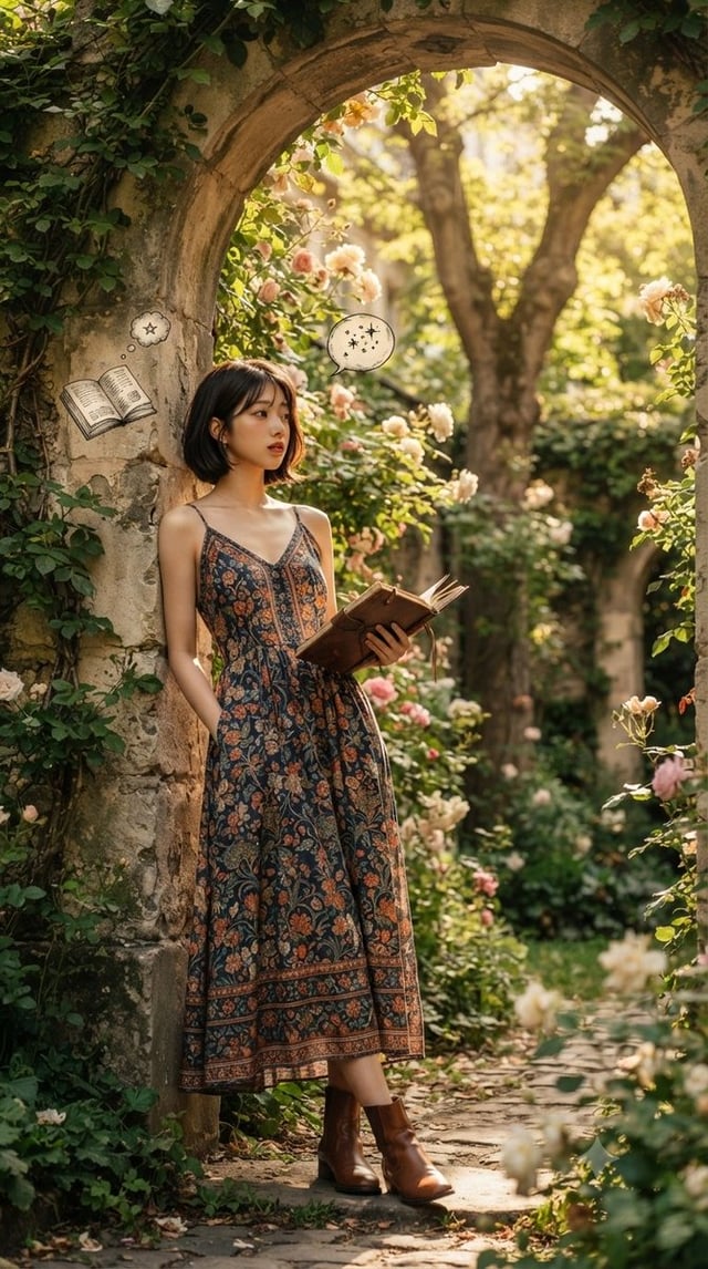A serene literary escape amidst blooming garden ruins, where quiet pages meet timeless daydreams. Se