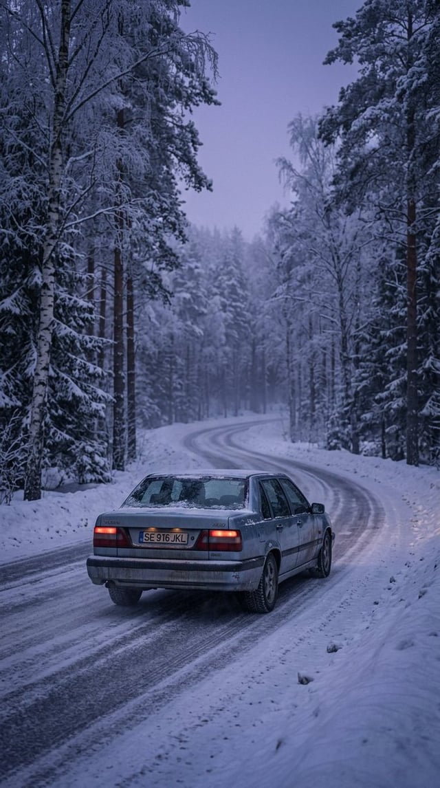 Ultra-realistic cinematic winter road scene, rear view of a dusty silver-blue 1990s four-door sedan 