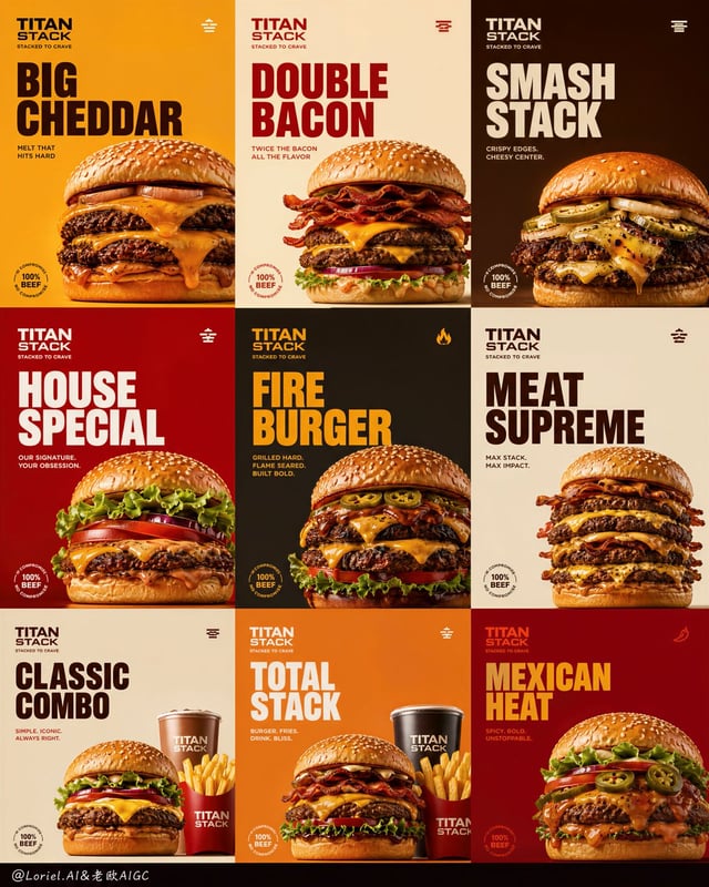 Create an ultra-premium 3x3 nine-panel burger campaign poster for a fictional fast-premium burger br