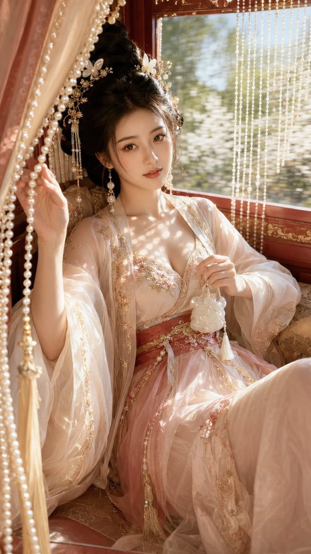 9:16竖版，春日东方贵女香车出游美妆写真，高精度写实摄影，人物中近景。一位明确成年的年轻东方女性，视觉年龄约23–28岁，斜坐在华丽古典马车的软榻上。镜头从半开的车帘外侧向内观看，人物身体沿软榻形成