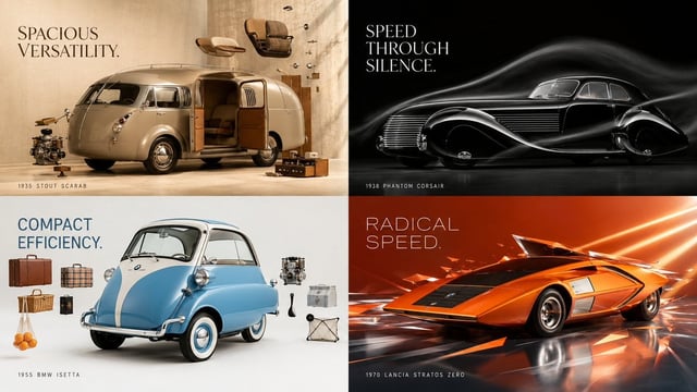 2x2 grid, 16:9, do this for unusual classic cars that existed: input ::= [Product] step_1 :: infer p