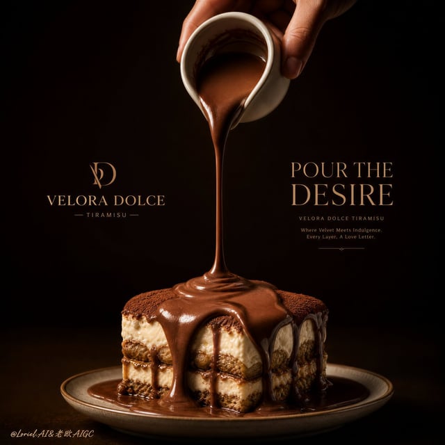 Create an ultra-premium commercial dessert poster for a fictional tiramisu brand called VELORA DOLCE