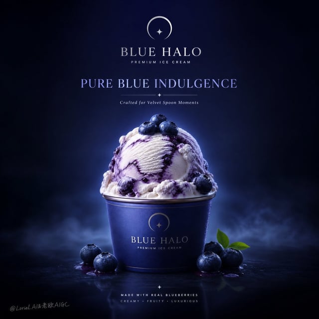Create an ultra-premium commercial poster for a fictional ice cream brand called BLUE HALO, combinin