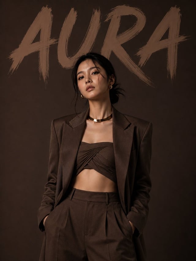 Ultra-realistic editorial fashion portrait of a confident model standing against a seamless monochro