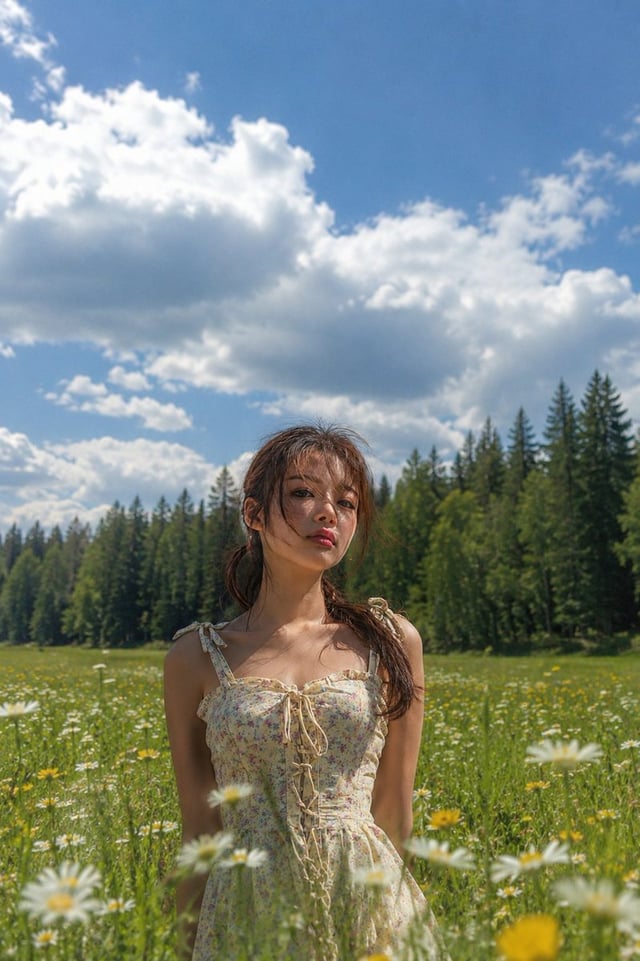 Ultra-photorealistic outdoor fashion portrait of the same young Asian woman from the reference image
