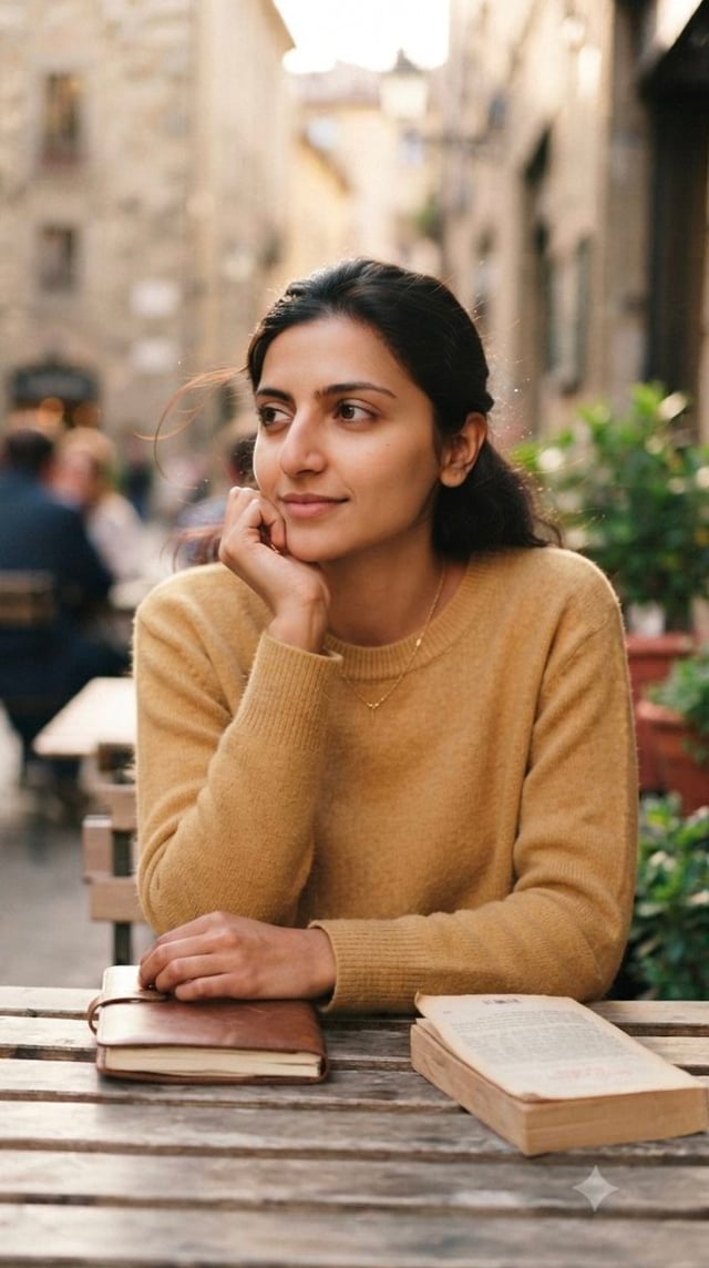 Cinematic medium shot of a thoughtful young woman seated at a rustic wooden table in a bustling Euro