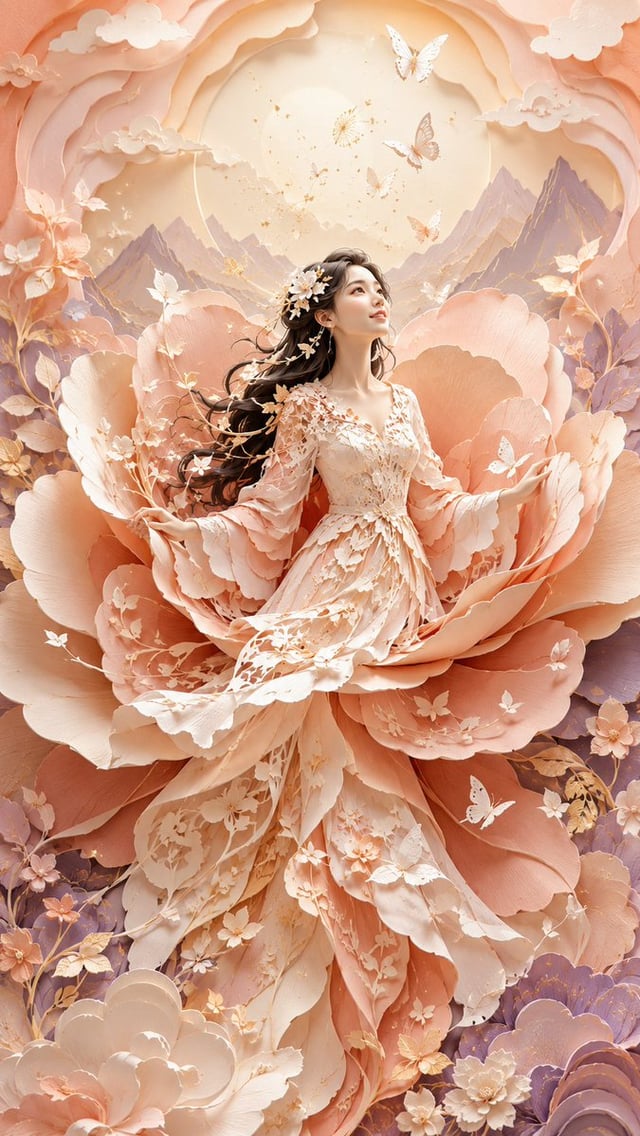 9:16竖版，现代东方女性梦境立体剪纸艺术，modern oriental papercut art，layered paper cut illustration，dimensional paper 