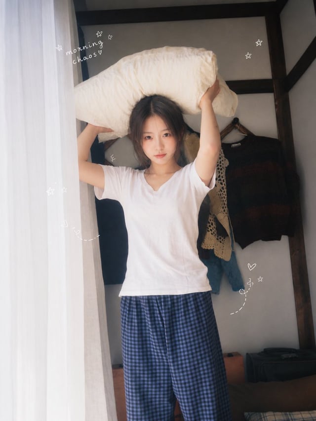 一位二十多岁的年轻东亚女性，黑色长发随意扎成低马尾，几缕碎发自然垂落，淡妆，真实自然的皮肤纹理，眼神清澈，表情慵懒又俏皮。她穿着宽松白色短袖T恤和蓝黑色格纹居家长裤，在温馨复古的小卧室里度过悠闲周末。